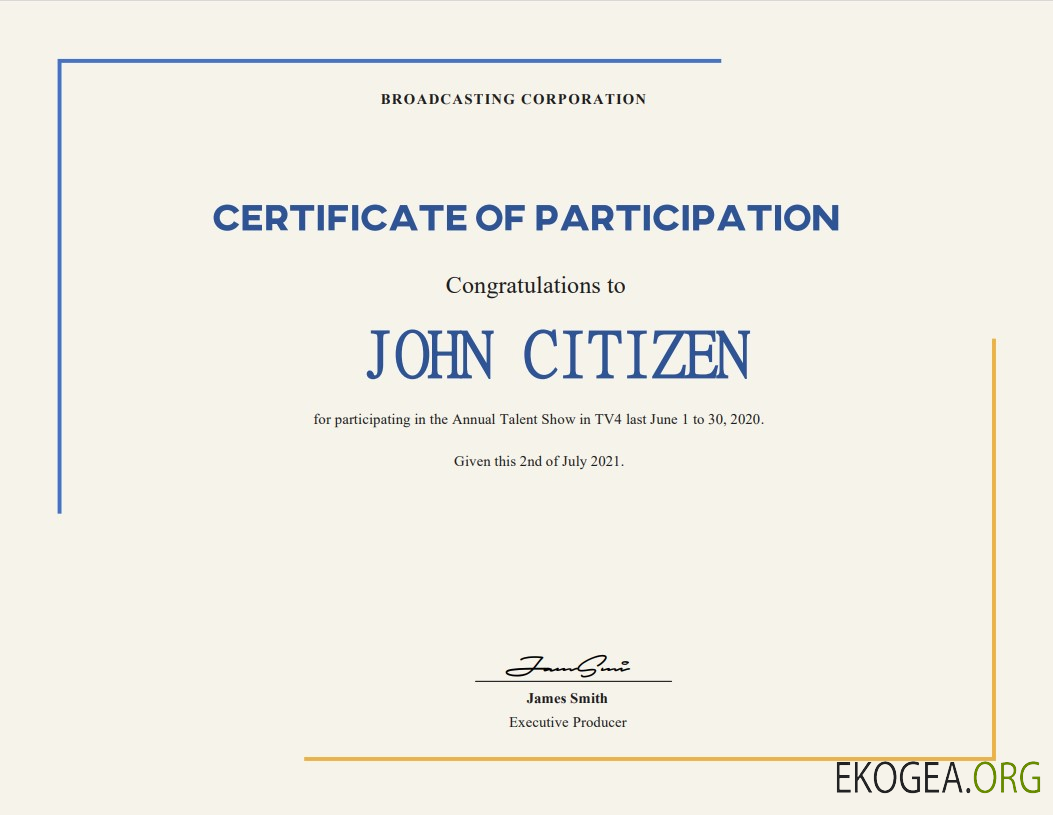 Certificat de participation au Talent Show des États Unis